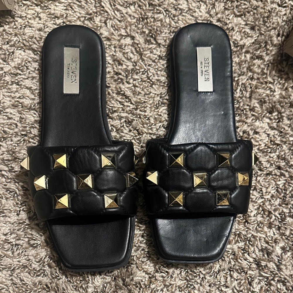 Steven by Steve Madden Black Quilted Slide Sandals with Gold Studs